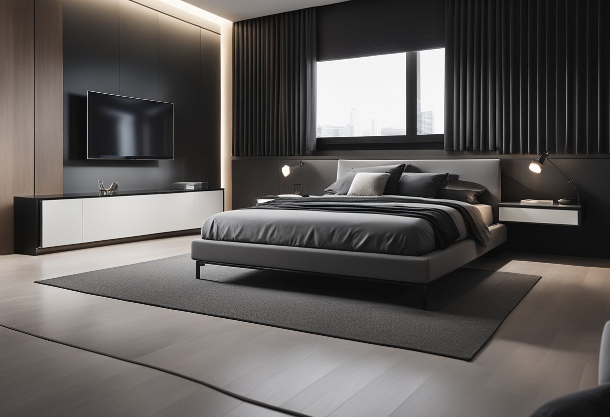 A modern, minimalist bedroom with a sleek, monochrome color scheme, a platform bed, clean lines, and a built-in desk for a bachelor's space