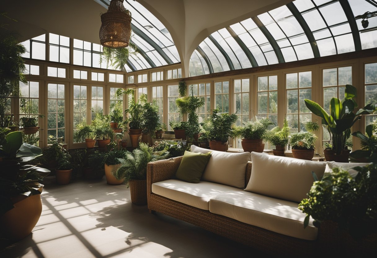 A conservatory interior with large windows, potted plants, cozy seating, and decorative lighting