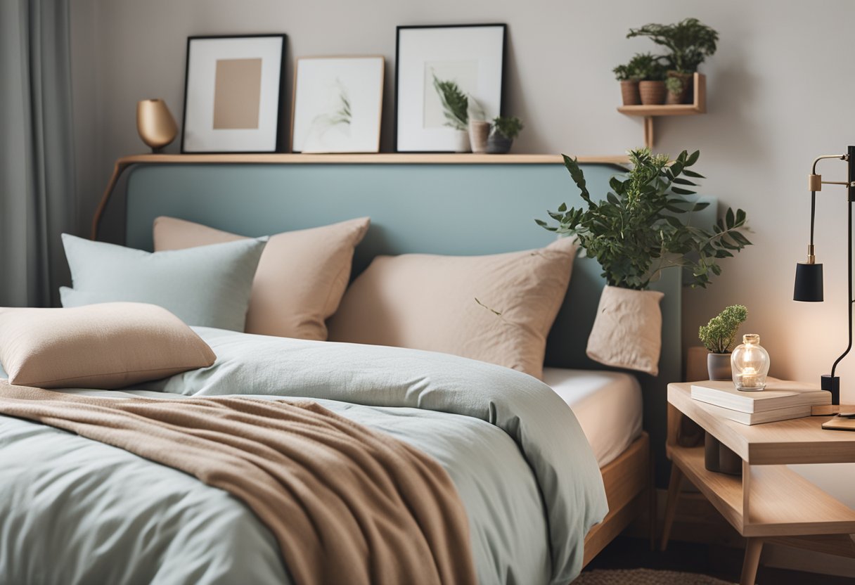 A cozy bedroom with minimalistic furniture, soft pastel colors, and natural lighting. A neatly made bed with decorative pillows, a small desk with a potted plant, and a wall-mounted shelf with books and decorative items