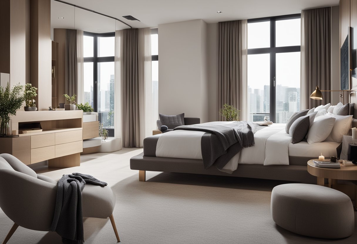 A spacious bedroom with modern furniture, a cozy reading nook, and a sleek ensuite bathroom. The room is bathed in natural light from large windows, and the decor exudes a sense of luxury and comfort