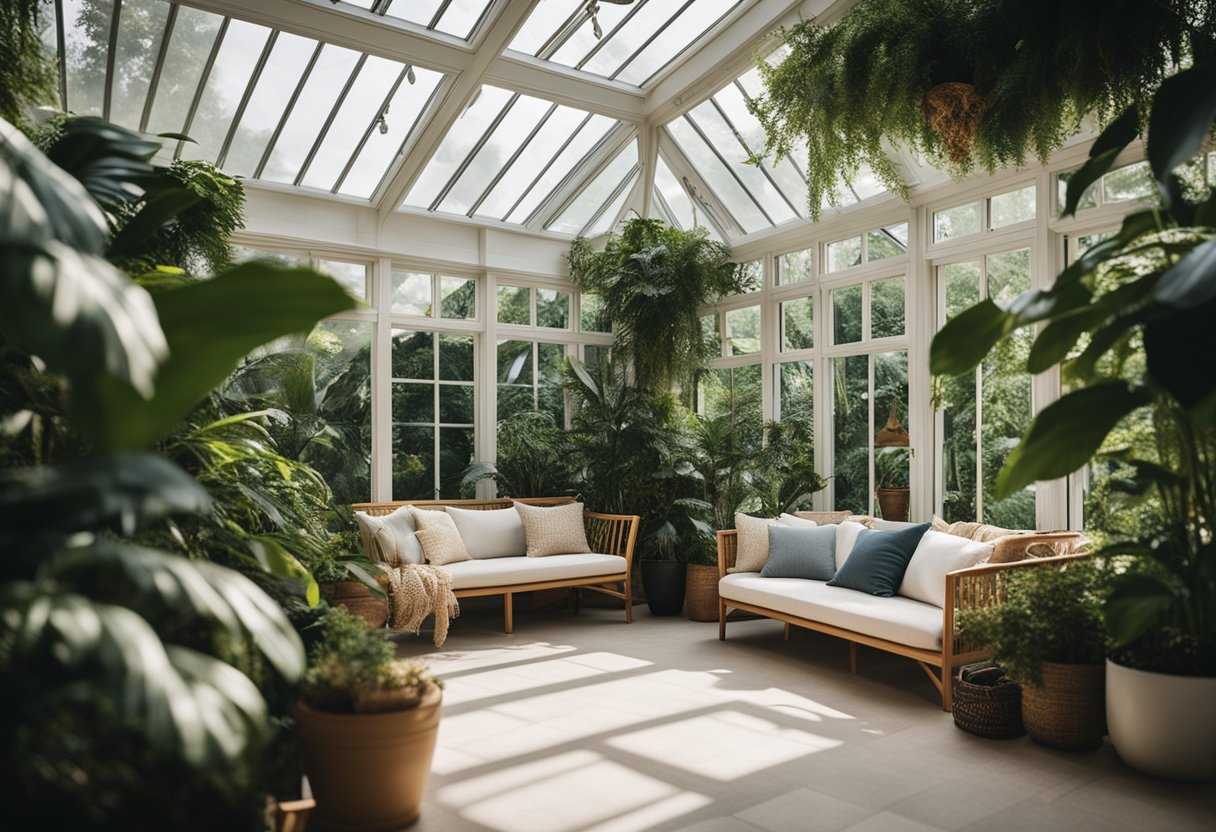 A bright conservatory with cozy seating, lush green plants, and warm natural light streaming in through large windows