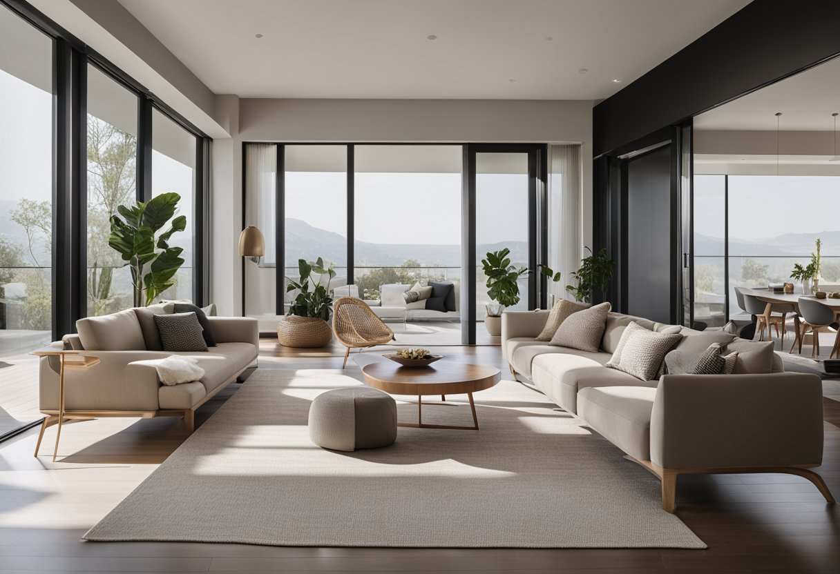 A modern living room with a neutral color palette, natural light streaming in through large windows, and minimalist furniture arranged in a clean and open layout