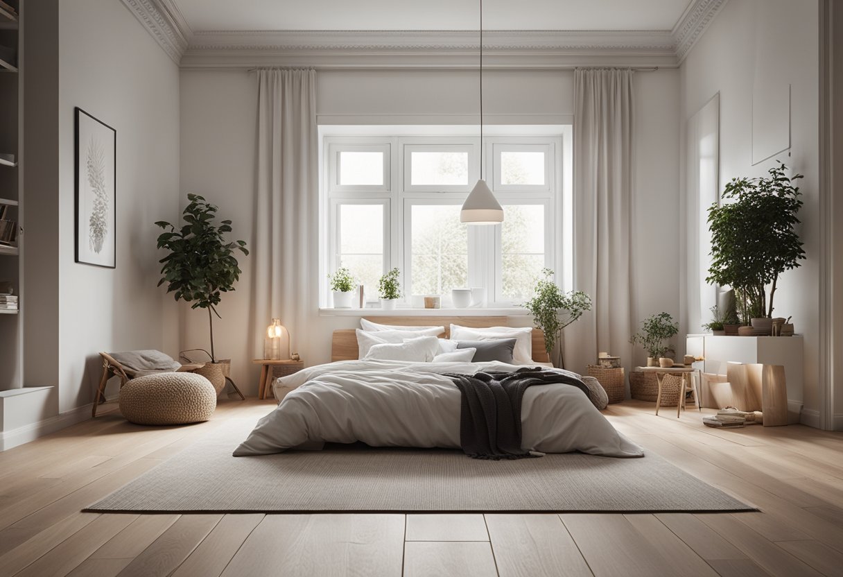 A cozy Scandinavian bedroom with minimal furniture, neutral colors, natural materials, and soft lighting. A large window brings in natural light, and a cozy rug adds warmth to the wooden floor