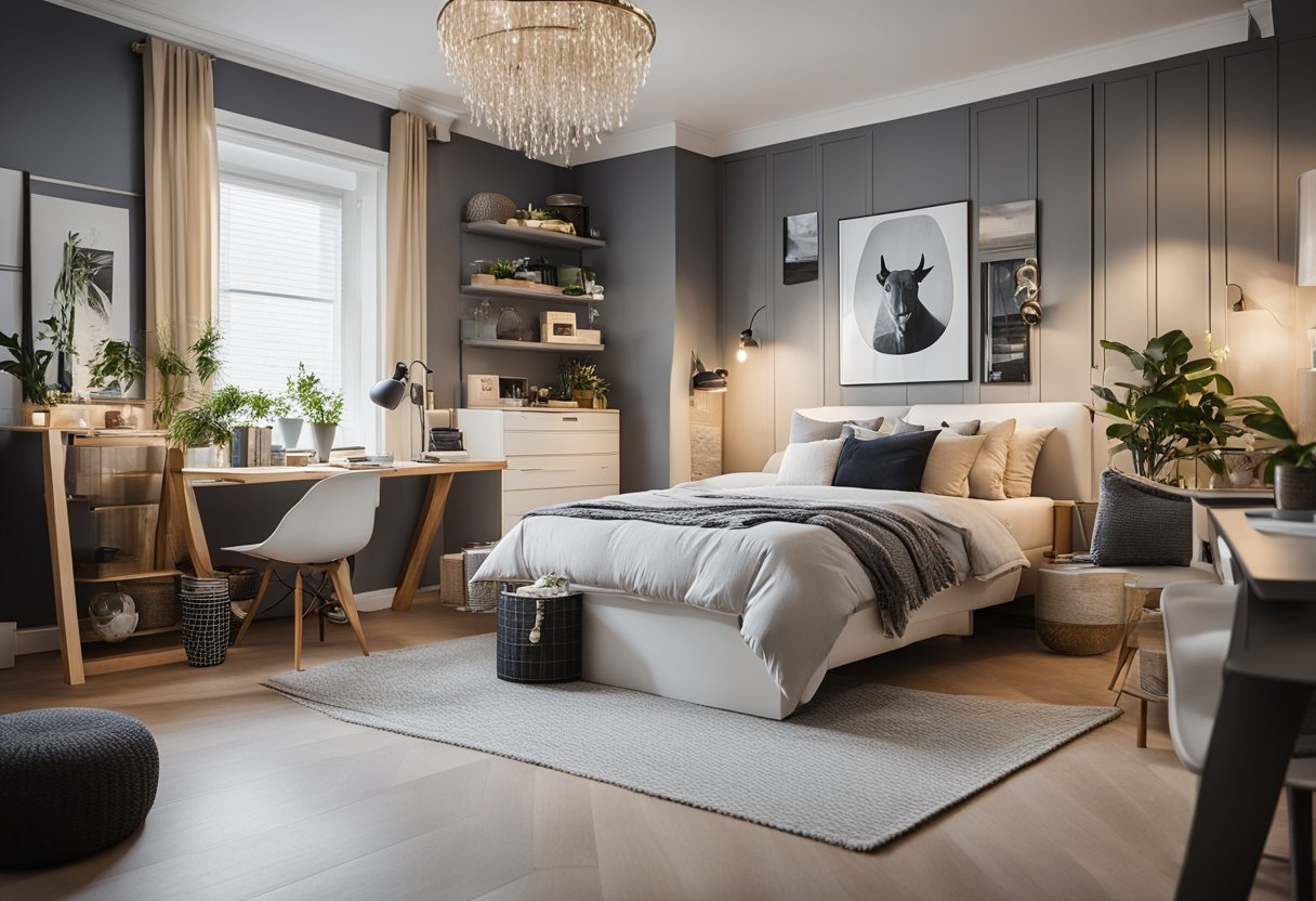 A cluttered bedroom transformed into a modern, organized space with new furniture, fresh paint, and stylish decor