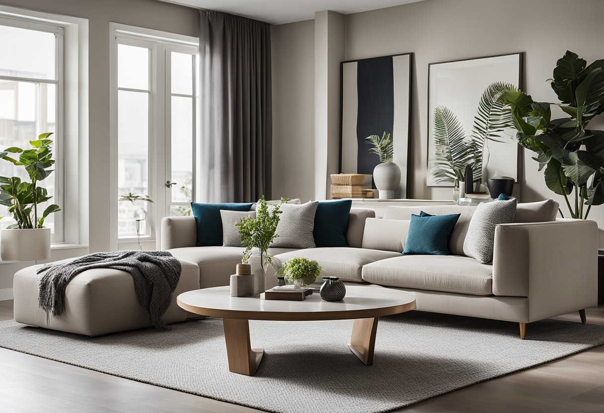 A modern living room with sleek furniture, a neutral color palette, and pops of bold accent colors. Clean lines and natural light create a sense of spaciousness and serenity