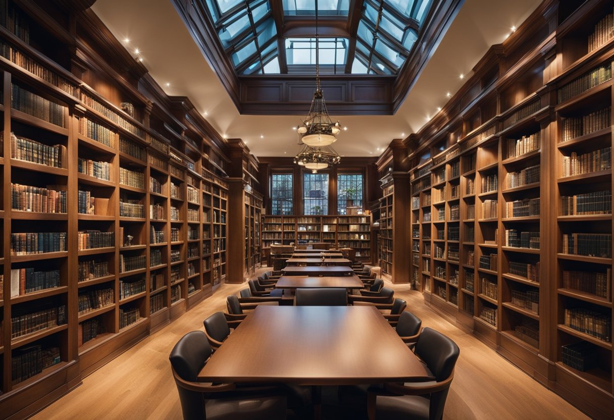 The library is adorned with floor-to-ceiling bookshelves, cozy reading nooks, and soft lighting. A large wooden table sits in the center, surrounded by plush chairs
