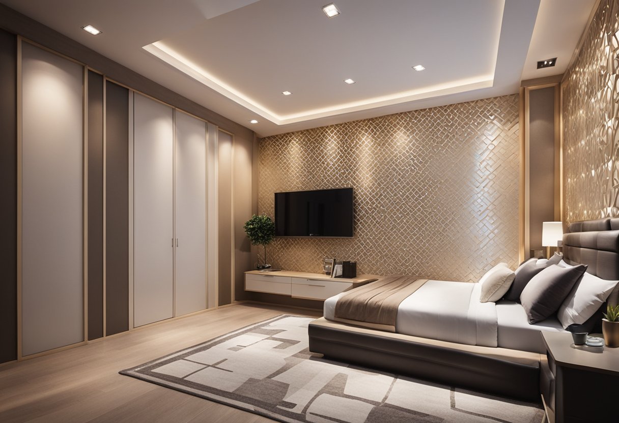 A bedroom with a PVC panel ceiling design featuring intricate patterns and modern lighting fixtures