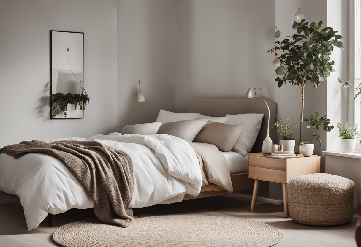 A cozy Scandinavian bedroom with minimal furniture, natural light, and neutral colors. A simple bed with clean lines, a soft rug, and warm textiles create a serene and inviting atmosphere