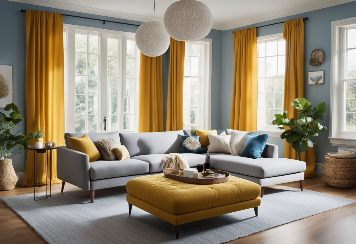 A living room with a neutral color palette, featuring a mix of warm and cool tones. A gray sofa with mustard yellow throw pillows sits on a cream-colored rug, surrounded by light blue walls and wooden accents
