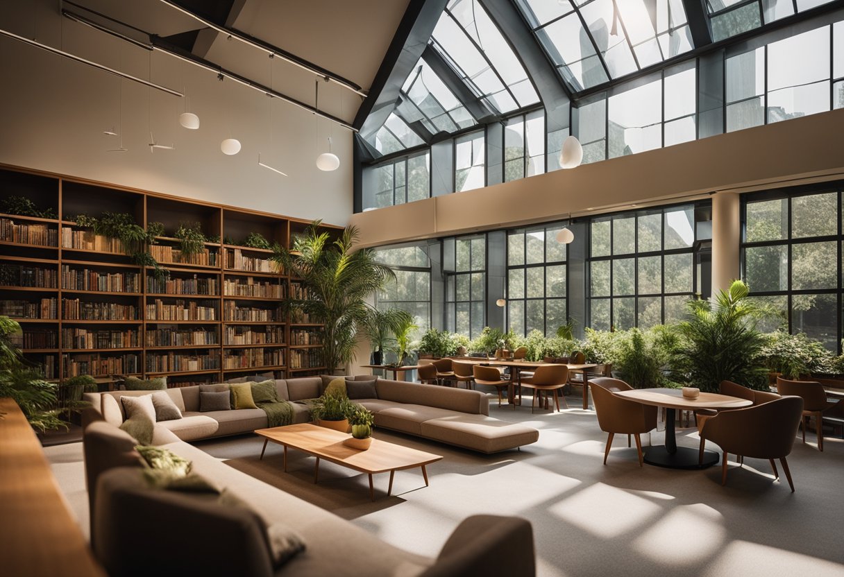 The library is adorned with cozy seating, warm lighting, and stylish bookshelves. A large window lets in natural light, and plants add a touch of greenery