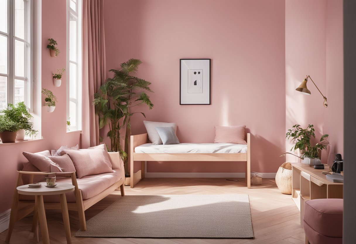 A small room with pink walls, a cozy bed, and a stylish desk. The room is bright and airy, with soft curtains and decorative accents
