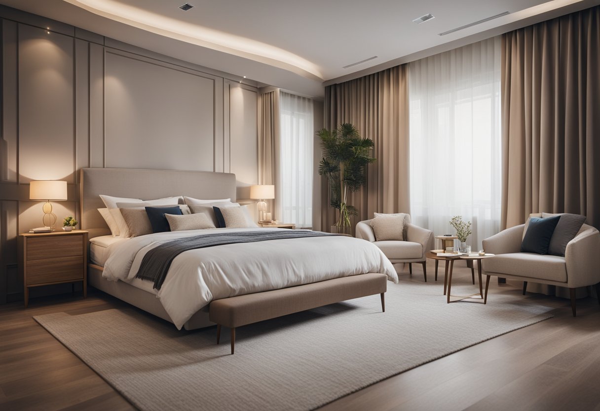 A spacious double bedroom with a large bed, nightstands, a dresser, and a cozy seating area. Soft, neutral colors and warm lighting create a relaxing atmosphere