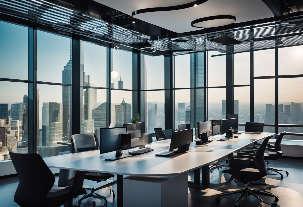 A modern office space with sleek furniture, vibrant color accents, and large windows showcasing a city skyline. A team of professionals collaborating around a conference table, with digital marketing graphics displayed on screens