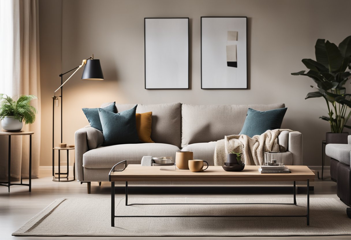 A cozy living room with a modern, minimalist design. A sleek sofa and coffee table, with warm, neutral tones and pops of color in the decor. Bright, natural light fills the space
