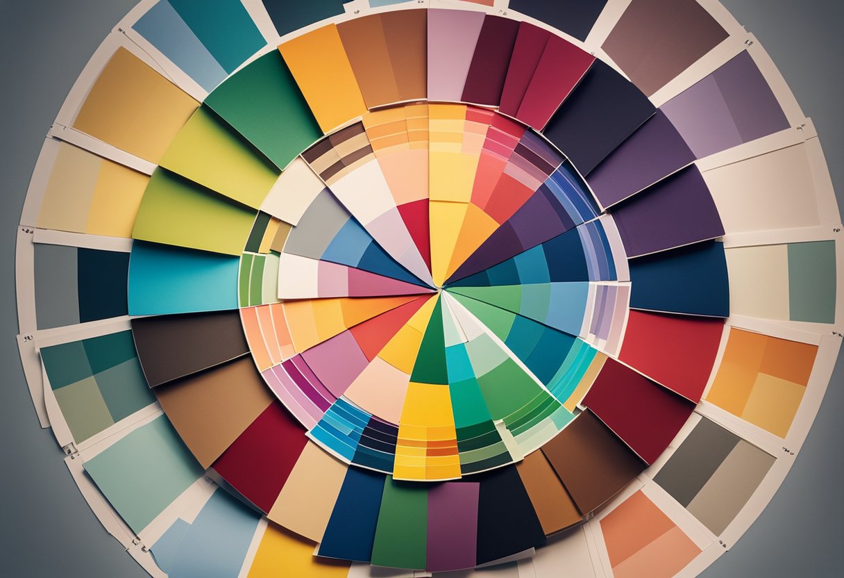A room with a large color wheel displayed on the wall, surrounded by swatches of complementary, analogous, and triadic color schemes