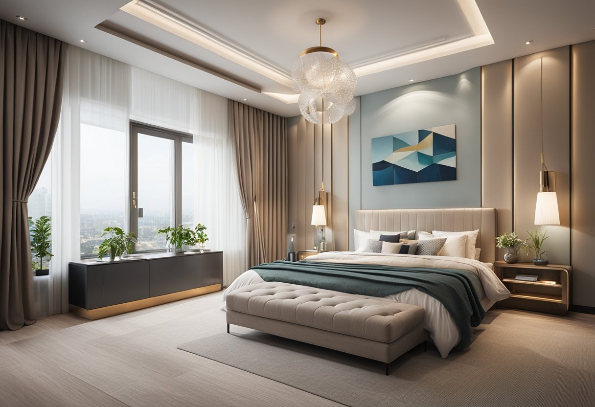 A bedroom with PVC panel ceiling design, featuring transformative decor and modern aesthetics
