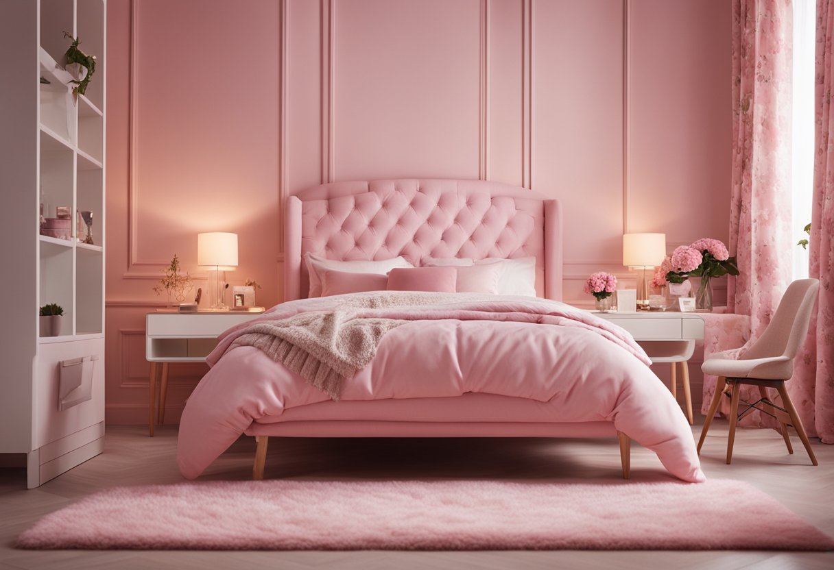 A cozy pink bedroom with a small bed, floral curtains, and a fluffy rug. A desk with a mirror and a pink chair in the corner