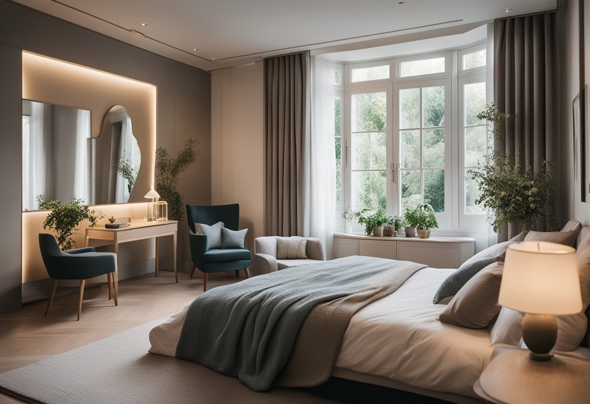 A spacious double bedroom with a large, comfortable bed, soft lighting, and elegant decor. A cozy seating area by the window overlooks a serene garden