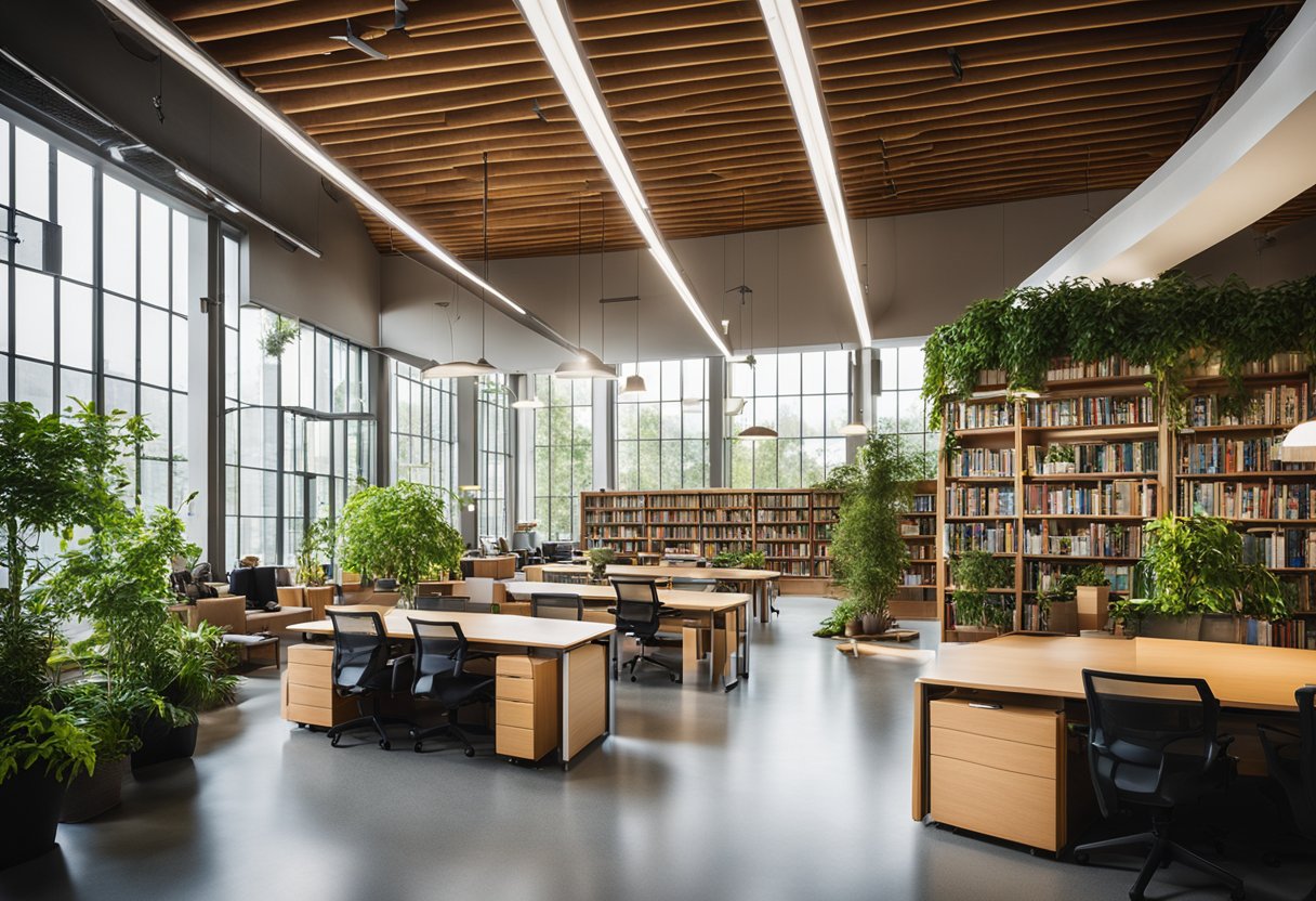 The library is filled with natural light and recycled materials. Energy-efficient lighting illuminates the eco-friendly furniture and bookshelves. Plants and greenery are integrated throughout the space, creating a serene and sustainable atmosphere