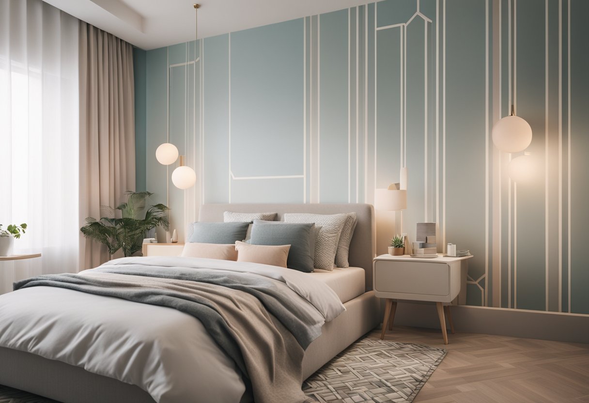 A feature wall in a bedroom with geometric patterns in soft, pastel colors and a sleek, modern design