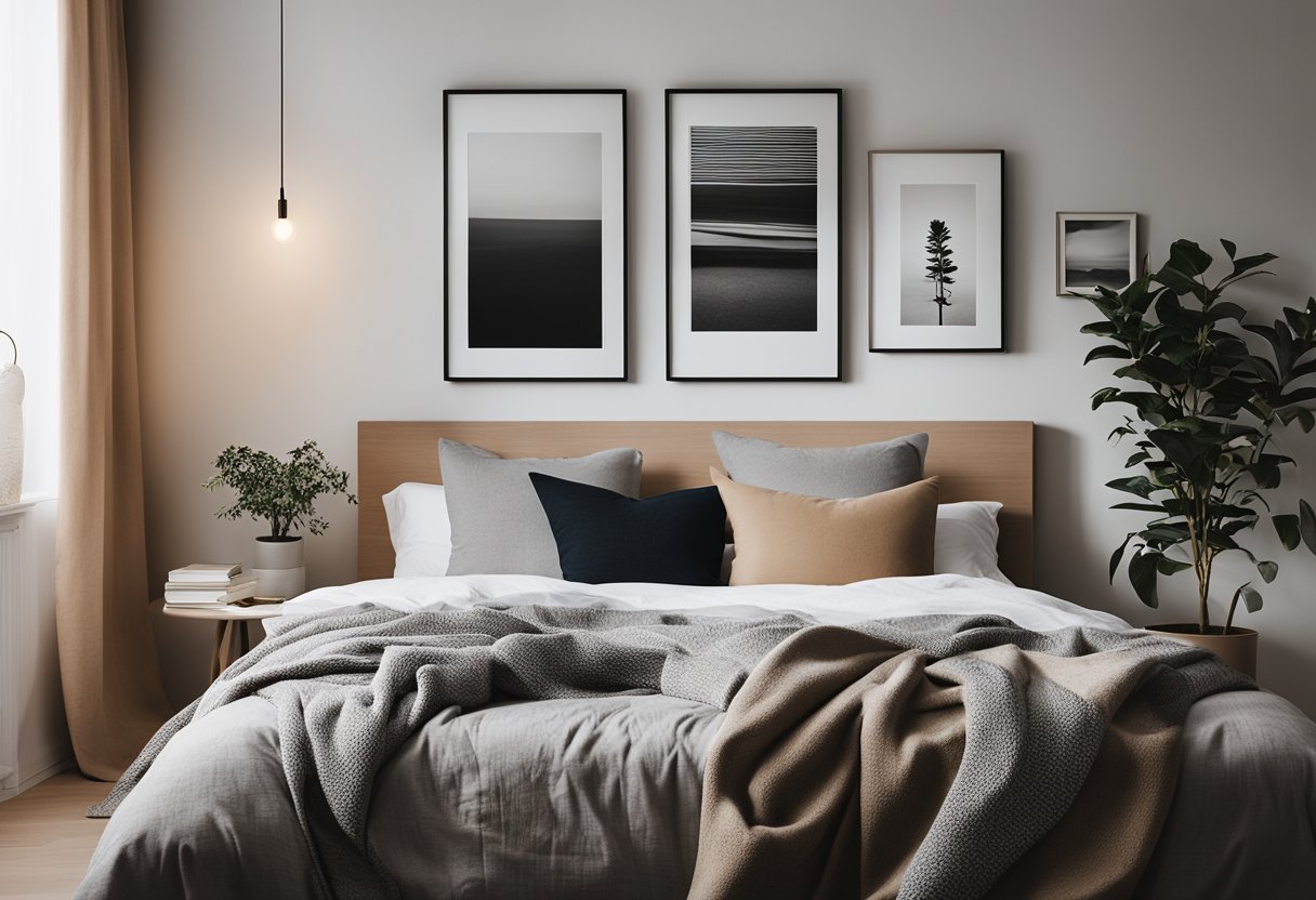 A cozy bed with layered textiles, a minimalist nightstand with a small potted plant, and a gallery wall of framed artwork in a Scandinavian bedroom
