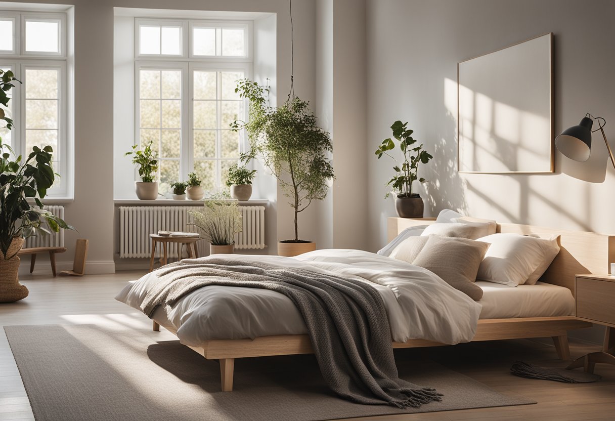 A cozy Scandinavian bedroom with minimal furniture, neutral colors, natural light, and clean lines. A large window lets in the soft glow of the morning sun, illuminating the simple yet elegant design