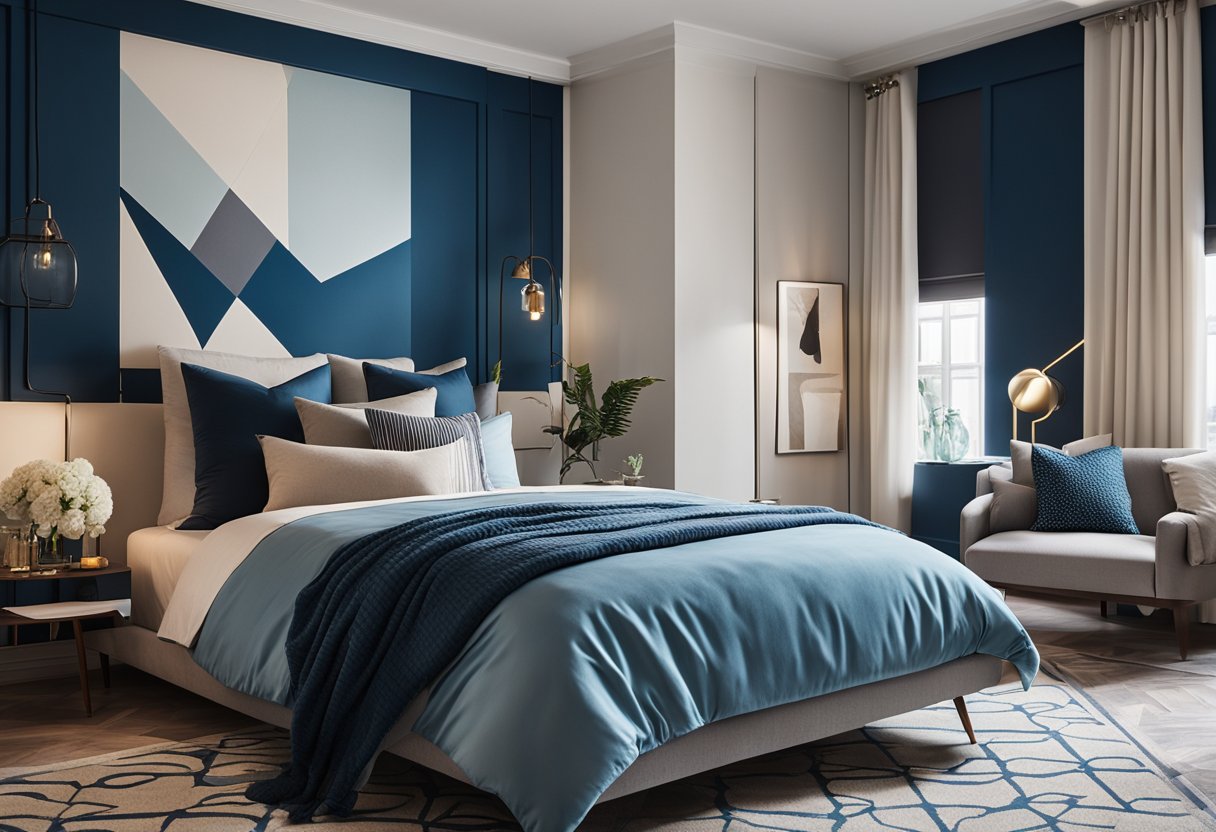 A cozy bedroom with a bold, geometric feature wall in calming blue tones, accented with warm overhead lighting and a plush rug