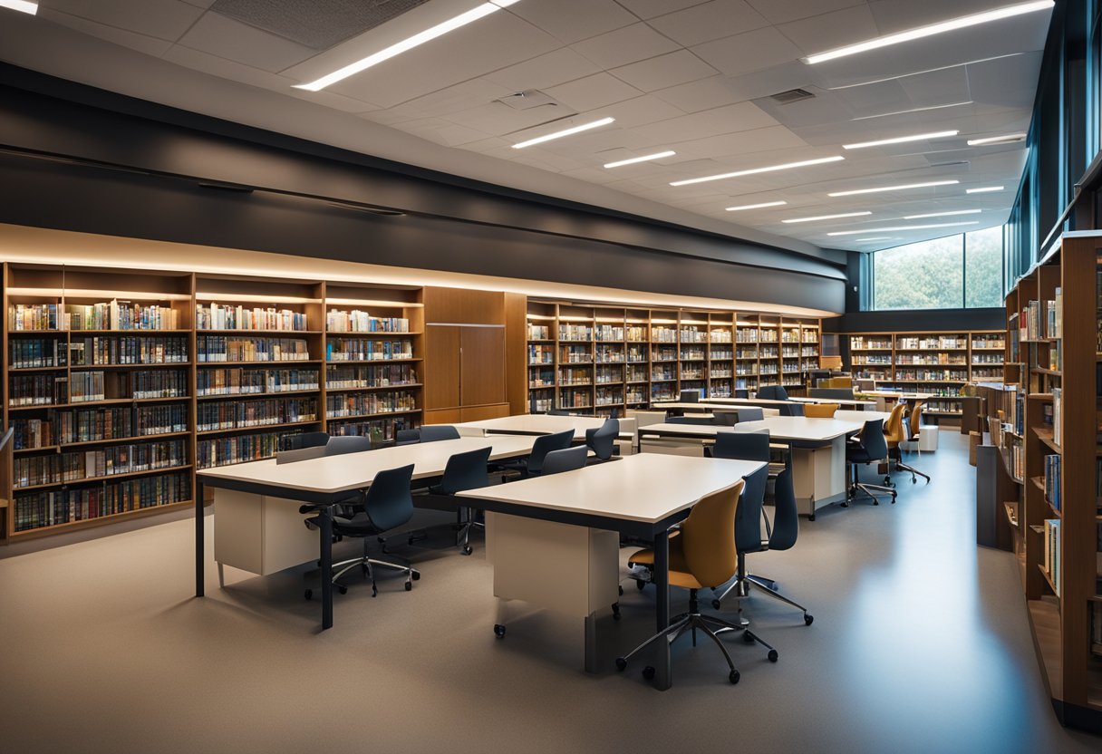The library interior features modern furniture, bright lighting, and organized shelves with labeled sections. A help desk with a friendly librarian is centrally located