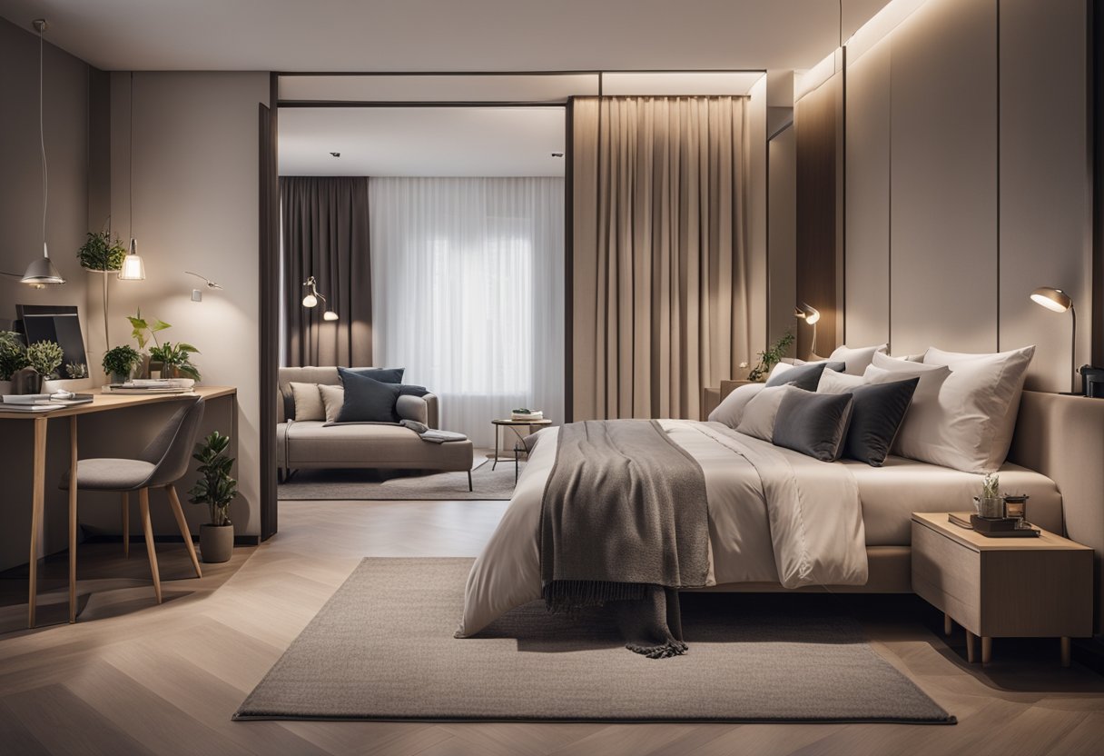 A cozy double bedroom with a neutral color palette, a large comfortable bed with soft bedding, a stylish nightstand with a lamp, and a spacious closet with mirrored doors