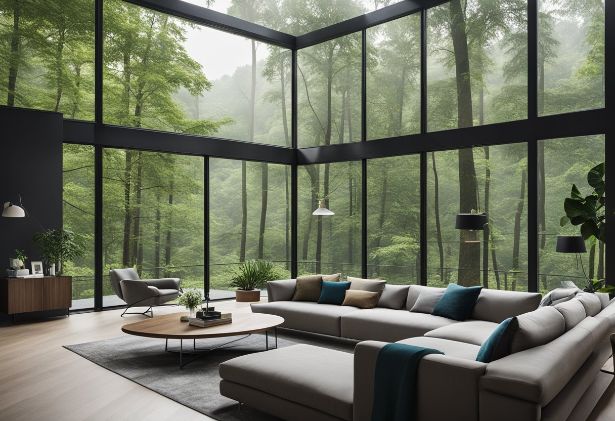 A modern, spacious living room with sleek furniture and large windows overlooking a lush green forest