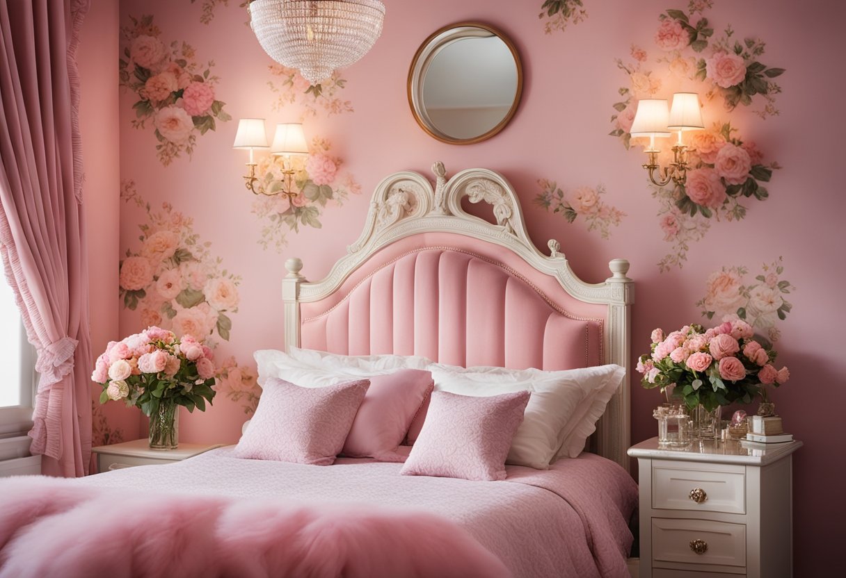 A small pink bedroom with floral wallpaper, a cozy pink bed with ruffled bedding, a delicate chandelier, and a vanity table with a mirrored surface and a bouquet of fresh flowers