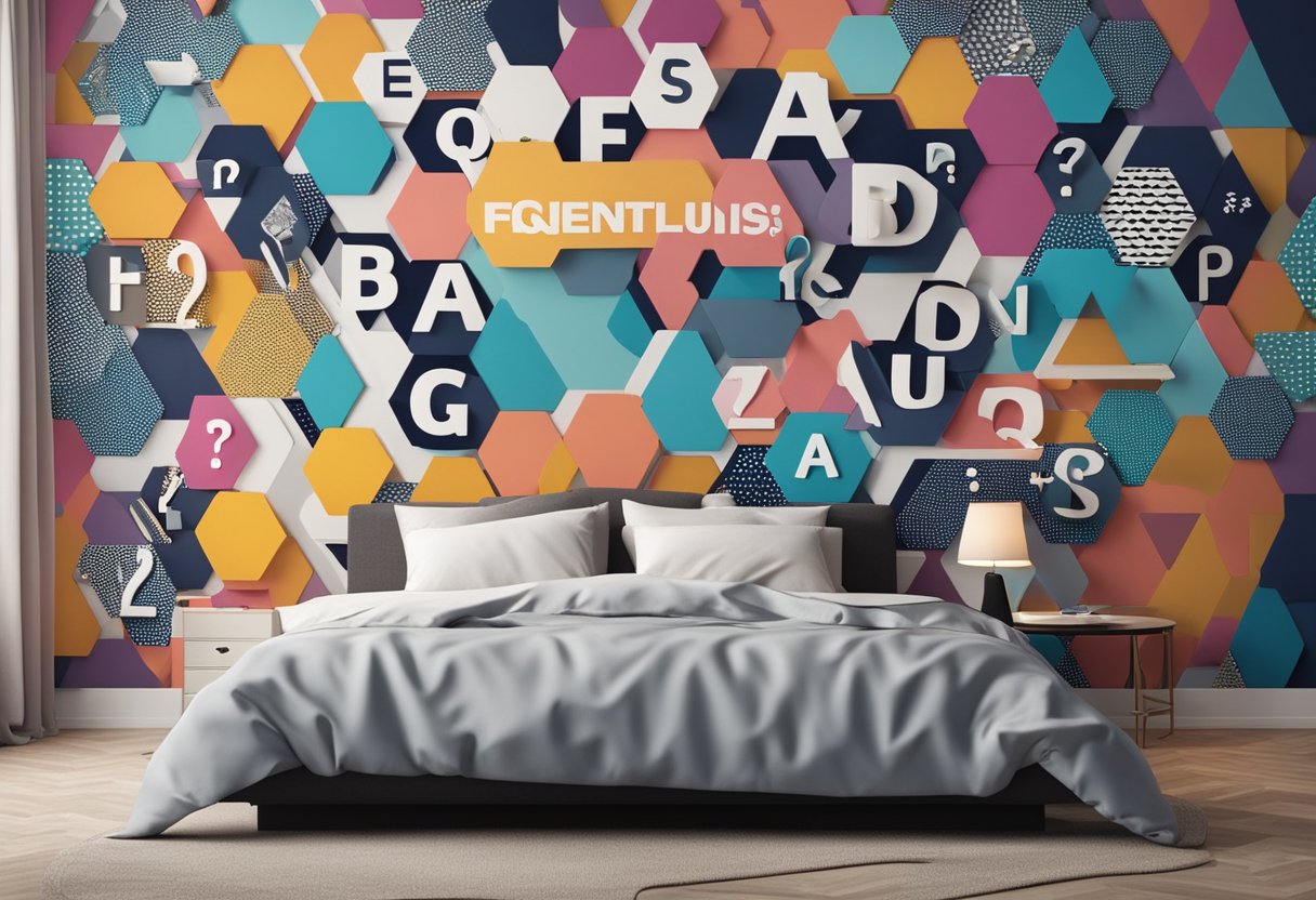 A bedroom wall with bold "Frequently Asked Questions" text surrounded by colorful geometric shapes and illustrations