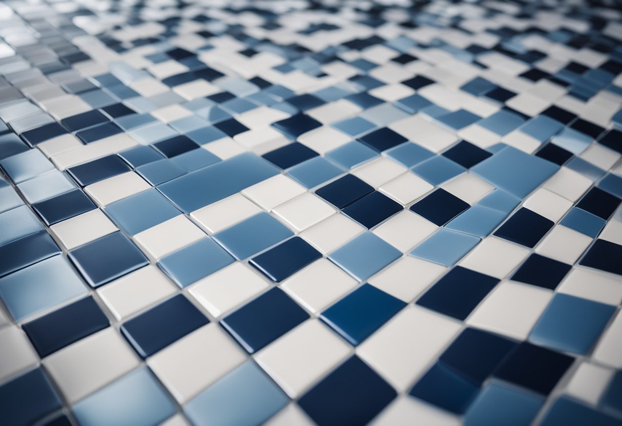 The bedroom floor is covered in square tiles with a geometric pattern in shades of blue and white