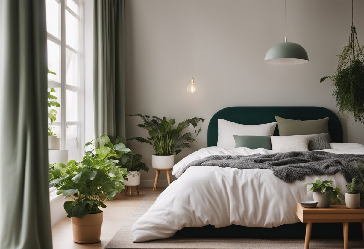 A cozy bedroom with a large, plush bed, soft lighting, and minimalist decor. A large window lets in natural light, and potted plants add a touch of greenery