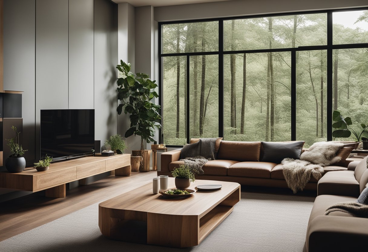 A modern living room with natural wood furniture, earthy color palette, and large windows overlooking a lush forest landscape
