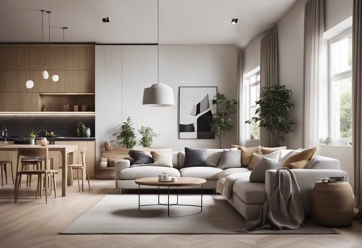 A modern, minimalist living room with clean lines, neutral colors, and natural materials. A large, open kitchen with sleek appliances and ample storage. A cozy, well-lit bedroom with a comfortable bed and stylish decor