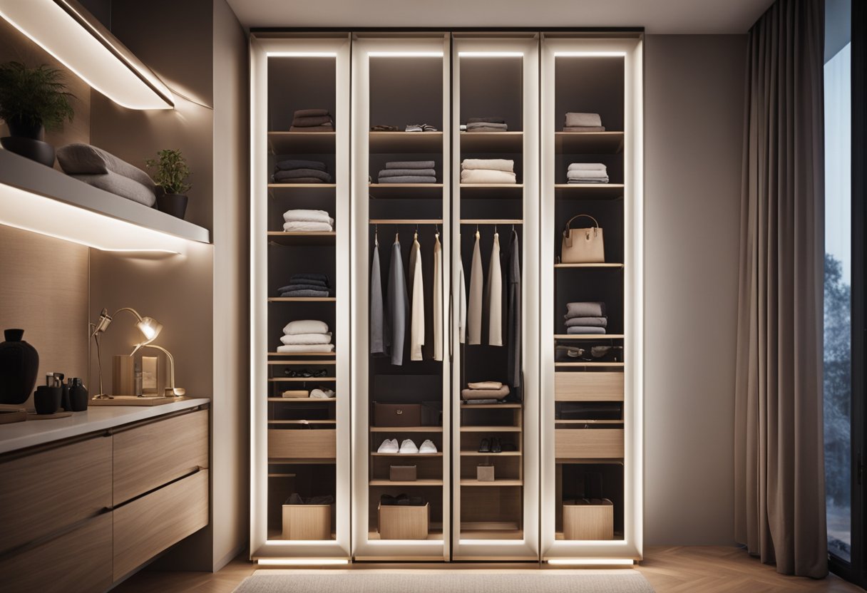 A sleek, modern glass wardrobe stands in a bedroom, reflecting the soft glow of the room's lighting. Shelves and drawers inside showcase neatly organized clothing and accessories