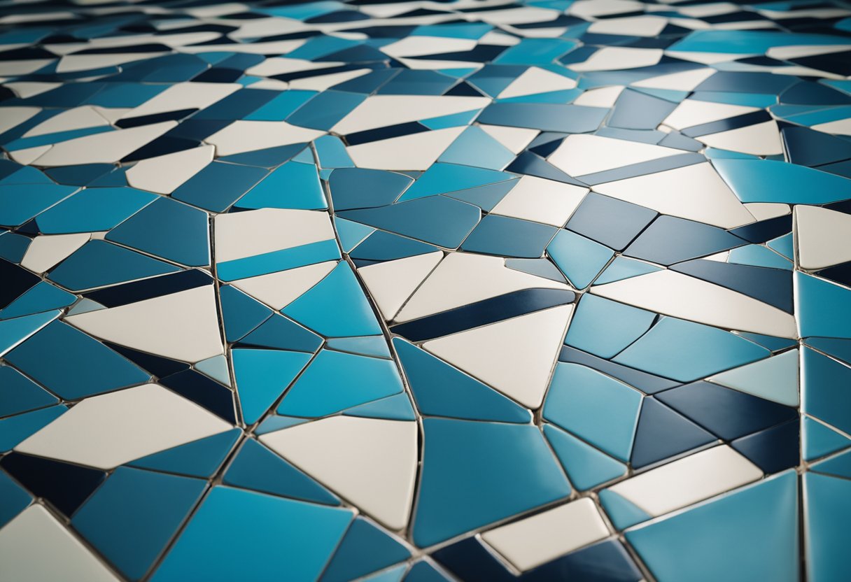 A bird's-eye view of a bedroom floor with geometric patterned tiles in various shades of blue, creating a visually captivating and modern design