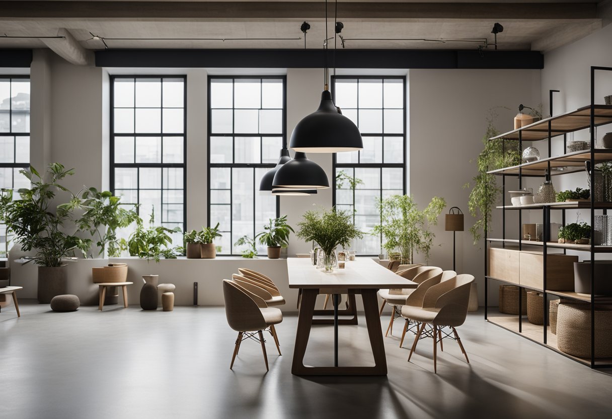 A modern, minimalist Korean interior design studio with sleek furniture, clean lines, and a neutral color palette. Innovative lighting fixtures and natural elements bring a sense of tranquility to the space