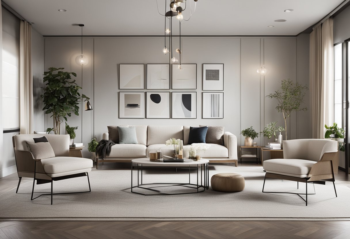 A modern living room with minimalist furniture, neutral color palette, and natural lighting. Geometric patterns and clean lines create a sense of simplicity and sophistication