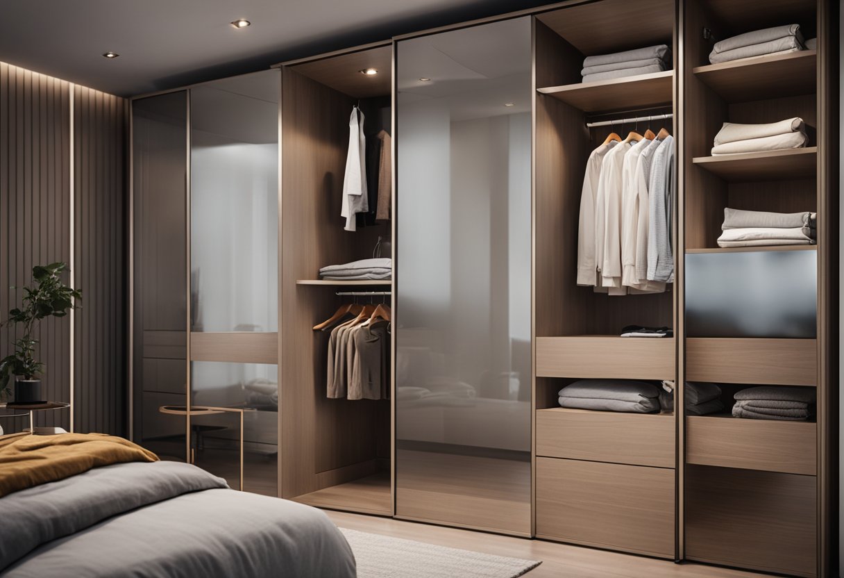 A modern bedroom with a sleek glass wardrobe, reflecting the ambient light and showcasing organized clothing and accessories