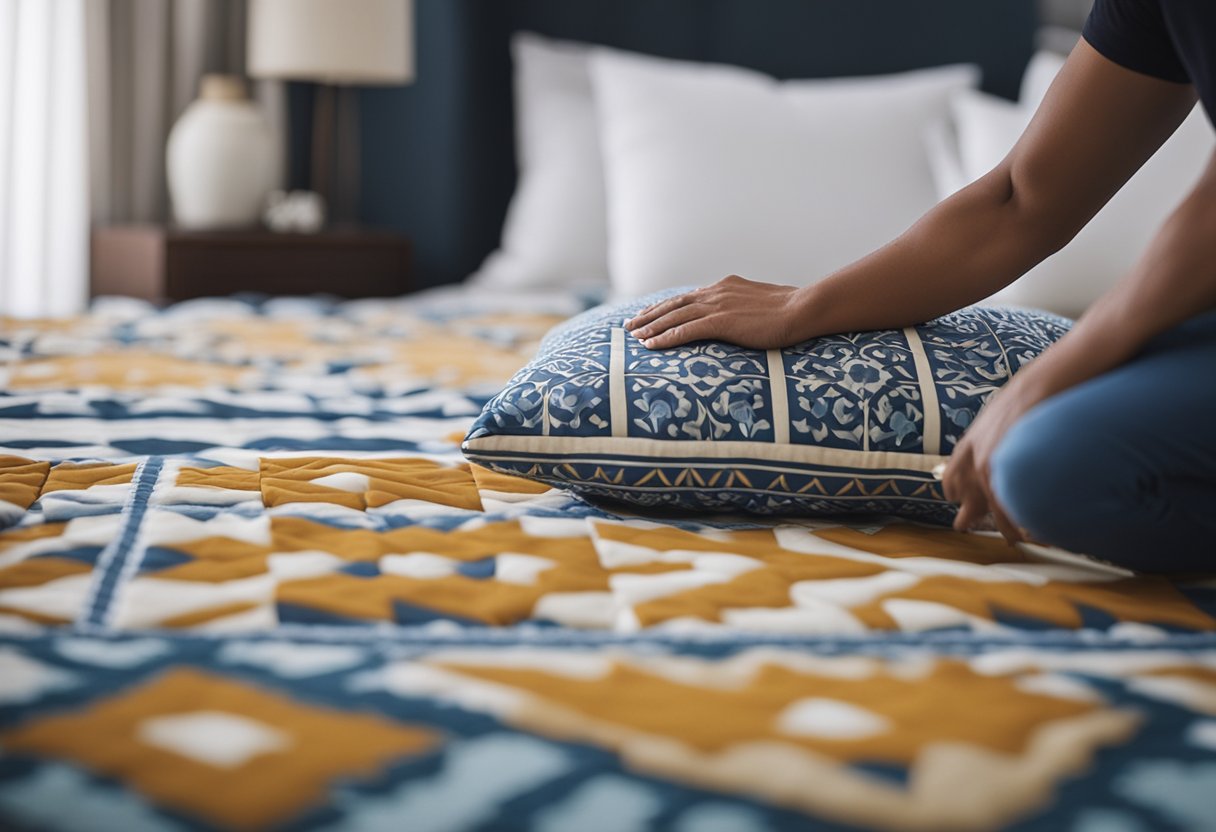 A decorator carefully arranges pillows on a neatly made bed, while a soft rug complements the intricate tile floor design