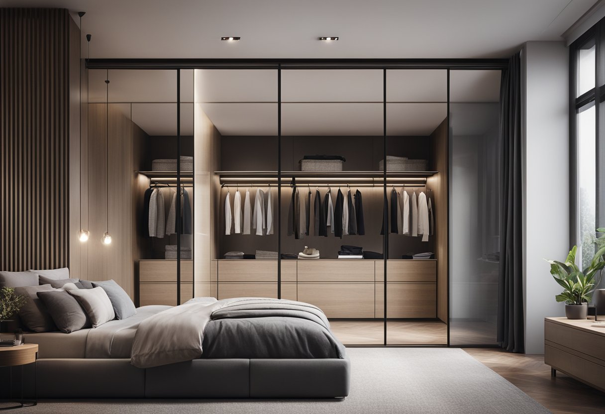 A sleek glass wardrobe stands in a modern bedroom, showcasing its stylish design and practical functionality