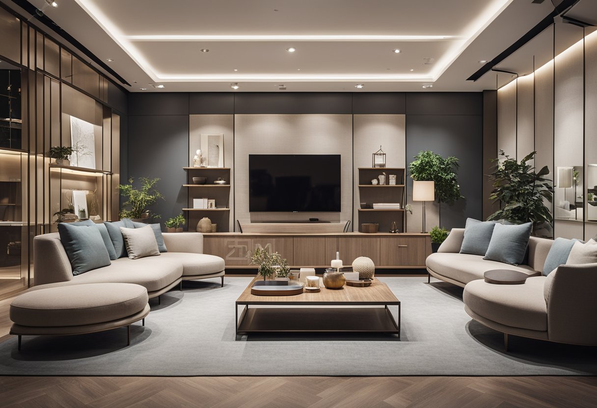 A modern Korean interior design showroom with sleek furniture, traditional accents, and a calming color palette