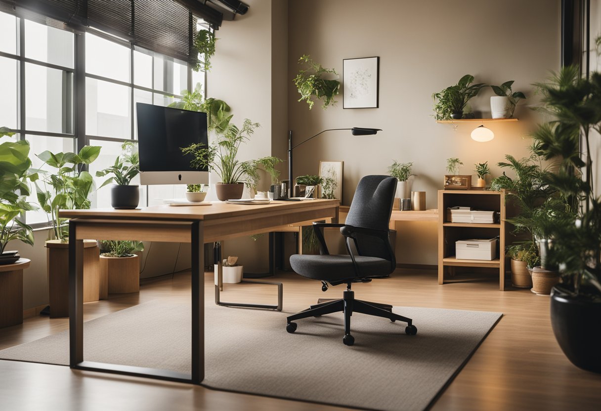 A cozy Korean interior design office with modern furniture, traditional Korean artwork, and a warm color palette. Plants and natural light create a serene atmosphere