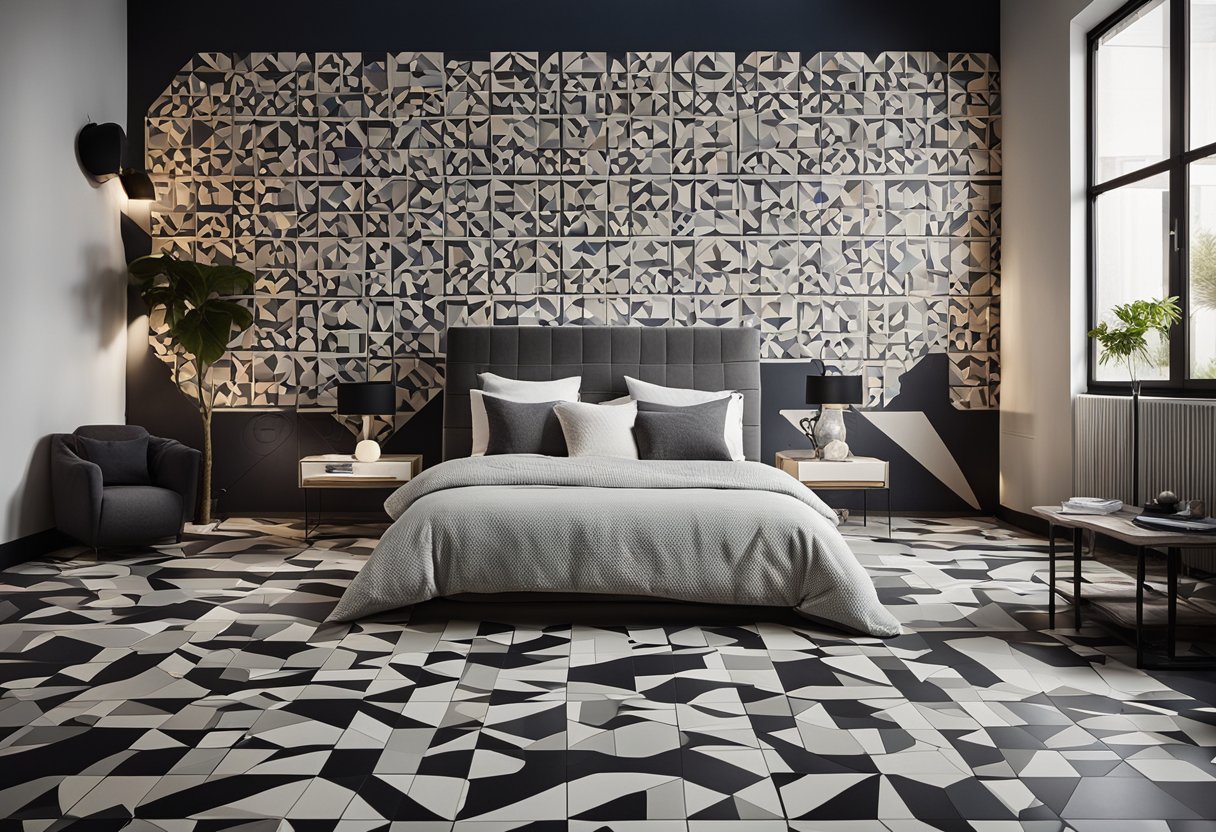 A bedroom with geometric patterned tiles covering the floor, featuring a repetitive design of frequently asked questions in bold typography