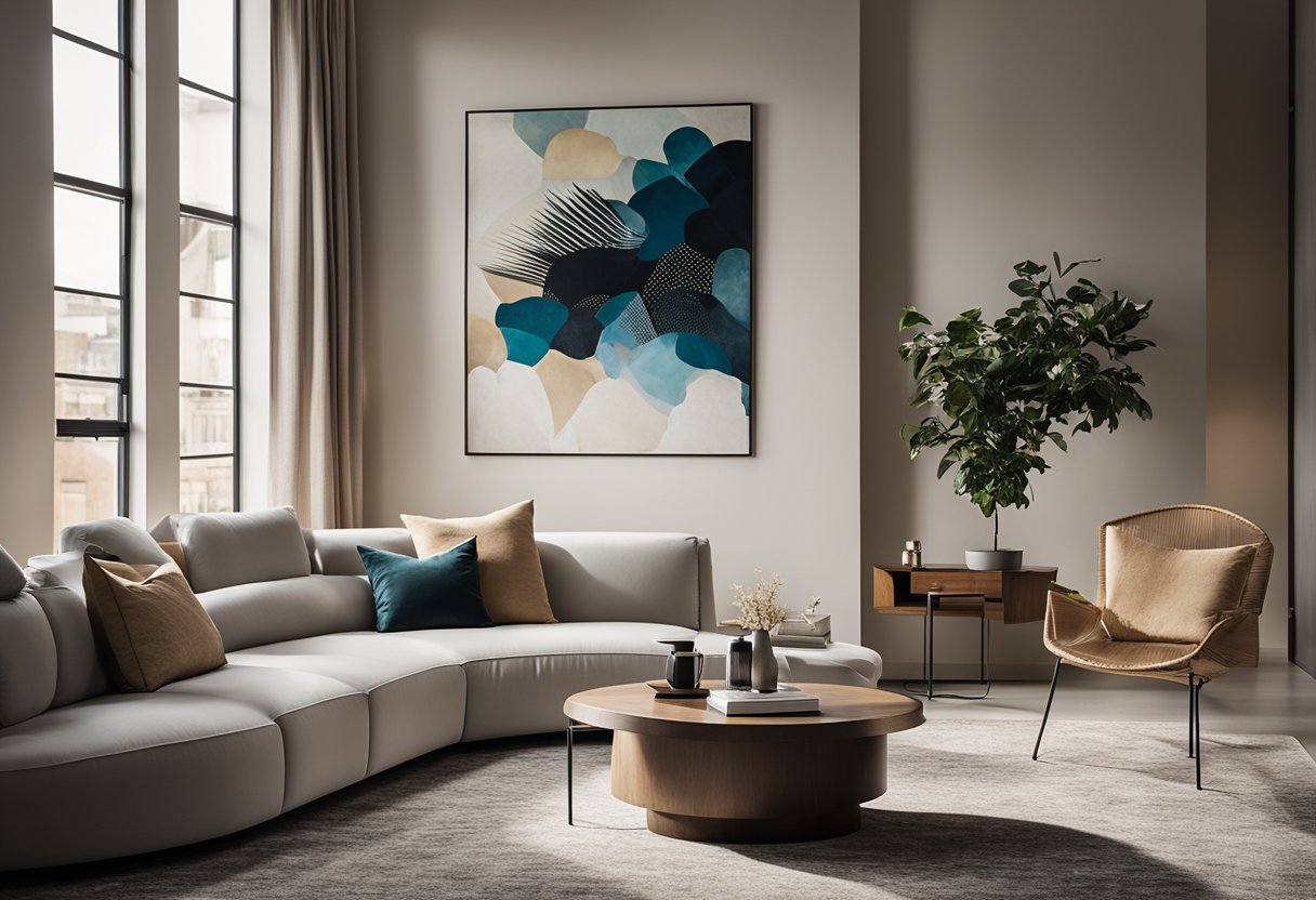 The room features modern furnishings, including a sleek sofa, a minimalist coffee table, and a statement rug. The walls are adorned with abstract art, and large windows flood the space with natural light