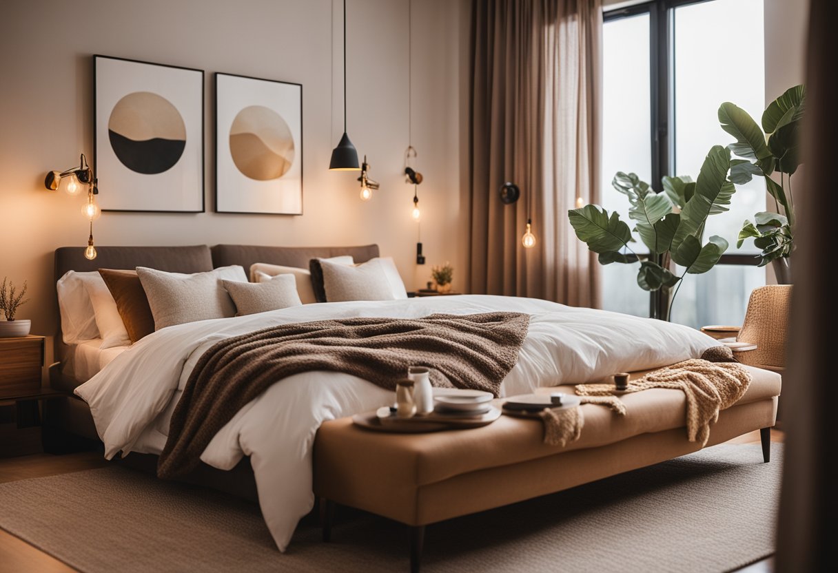 A cozy bedroom with warm, earthy tones, soft lighting, and plush bedding. A clutter-free space with natural elements and personal touches for a serene sanctuary