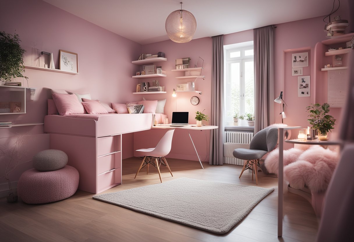 A cozy pink bedroom with a space-saving design, featuring a loft bed, compact storage solutions, and a study nook with a small desk and chair