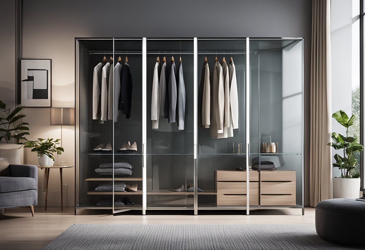 A glass wardrobe stands in a modern bedroom, with sleek, transparent doors displaying neatly organized clothing and accessories. The interior is illuminated, showcasing the functionality and elegance of the design